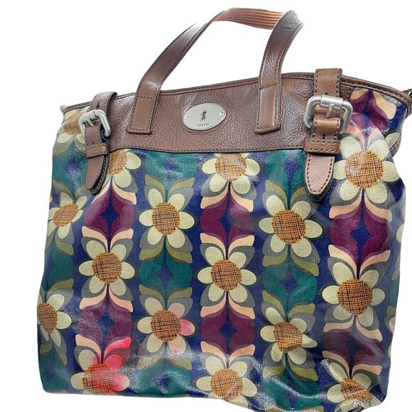 Fossil Shoulder Bag Womens Multicolor Key Per Floral Coated Canvas Inner Pockets - Picture 1 of 16